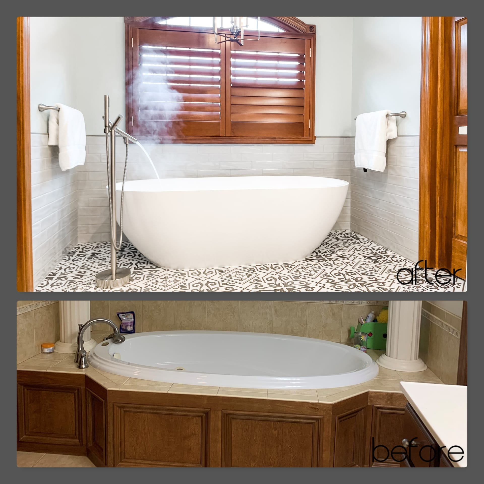 Freestanding soaking tub with floor-mounted filler, black-and-white patterned tile floor, and wood plantation shutters, Edinboro