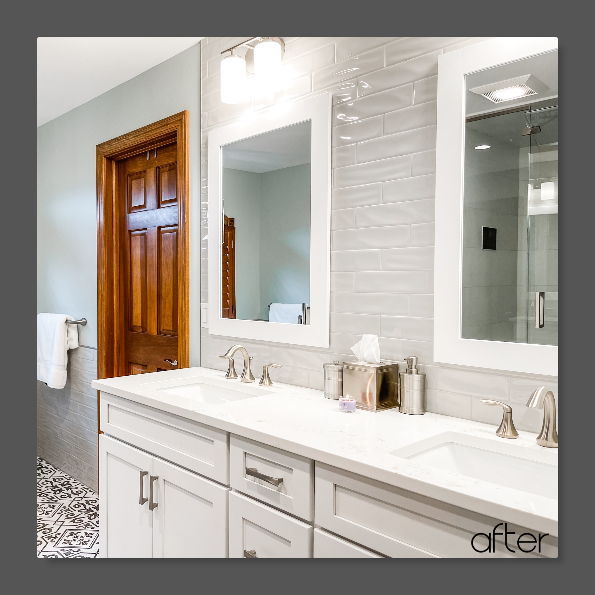 White shaker double vanity with light quartz counters, white subway tile wall, framed mirrors, and brushed nickel faucets