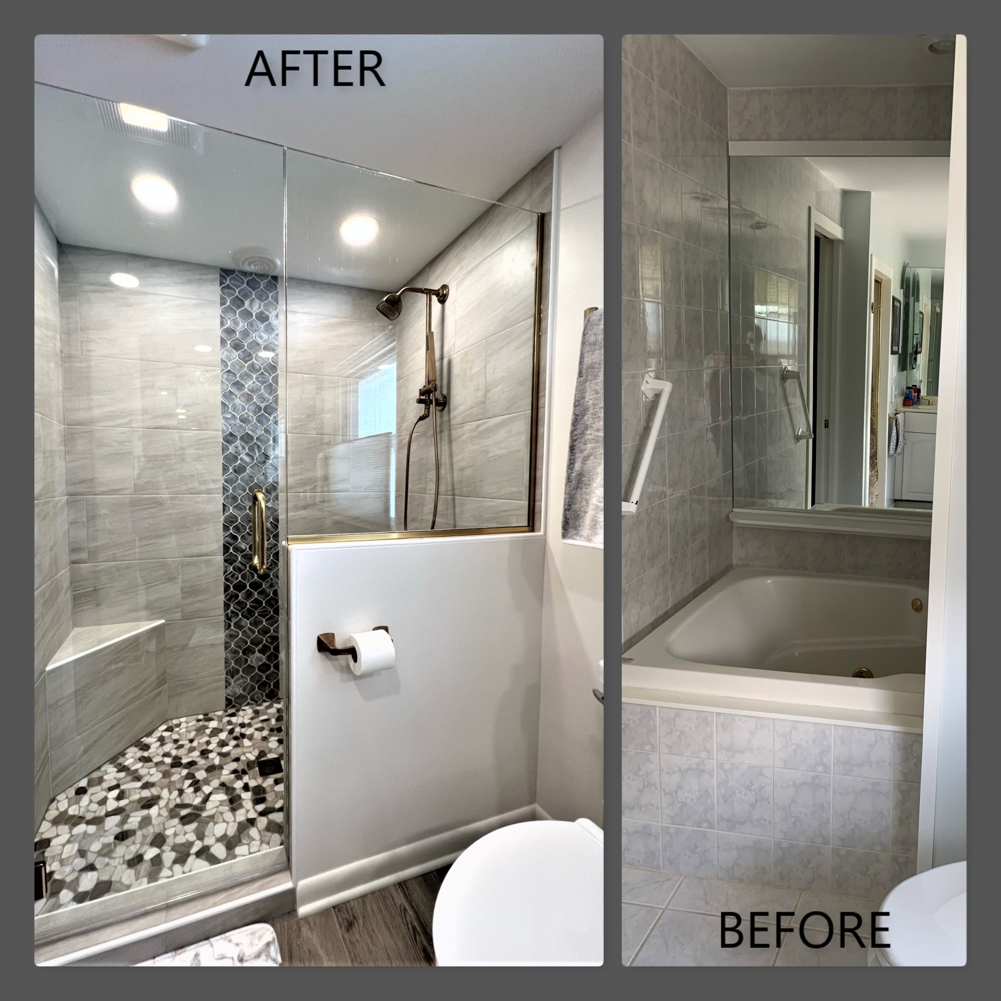 Walk-in shower with grey marble-look tile, arabesque glass accent, pebble mosaic floor, bench seat, and brushed gold fixtures