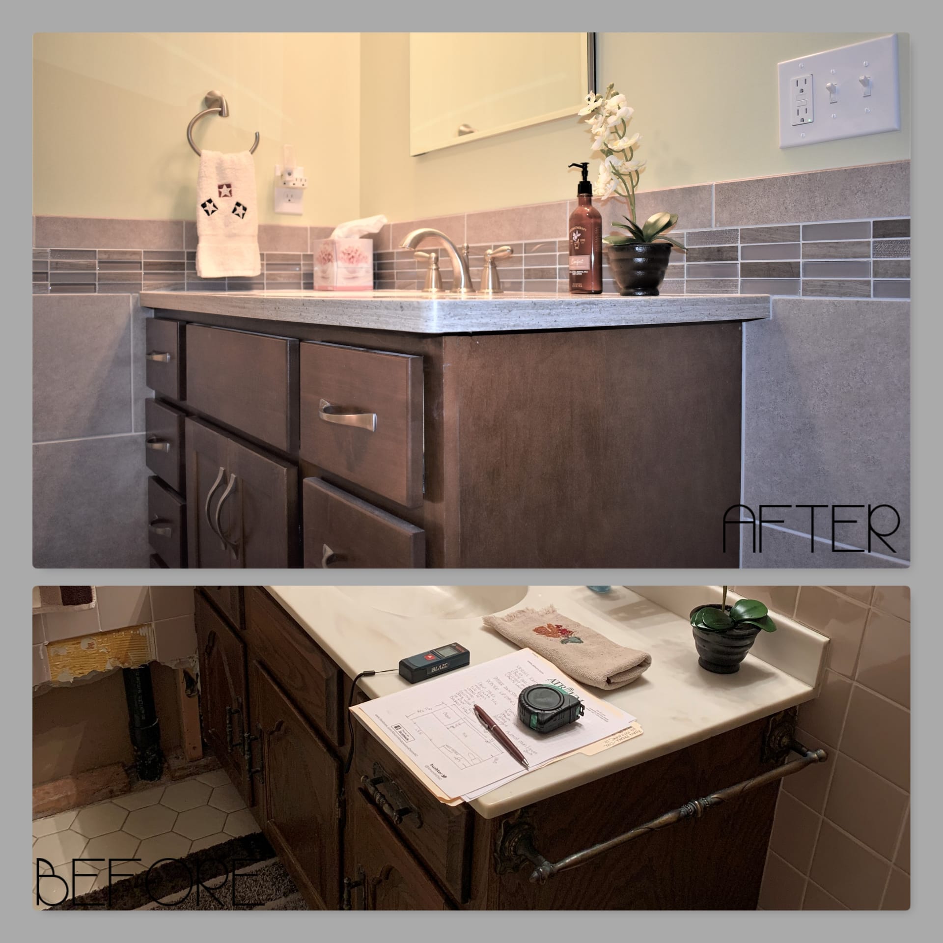 Bathroom with dark shaker vanity, grey counter, subway tile backsplash, and linear glass mosaic accent, Erie PA