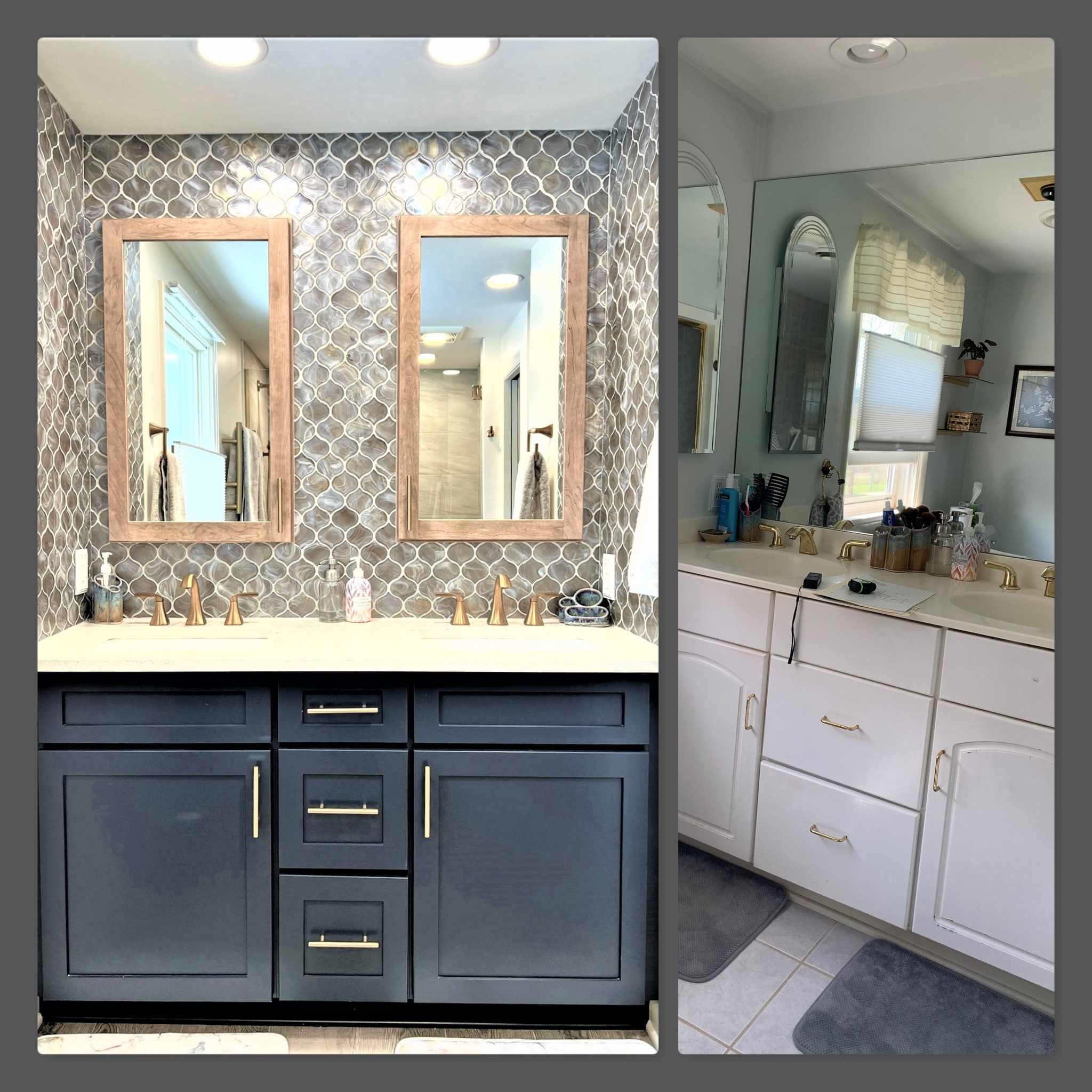 Blue shaker double vanity with light quartz top, lantern glass tile wall, wood-framed mirrors, and gold faucets, Edinboro