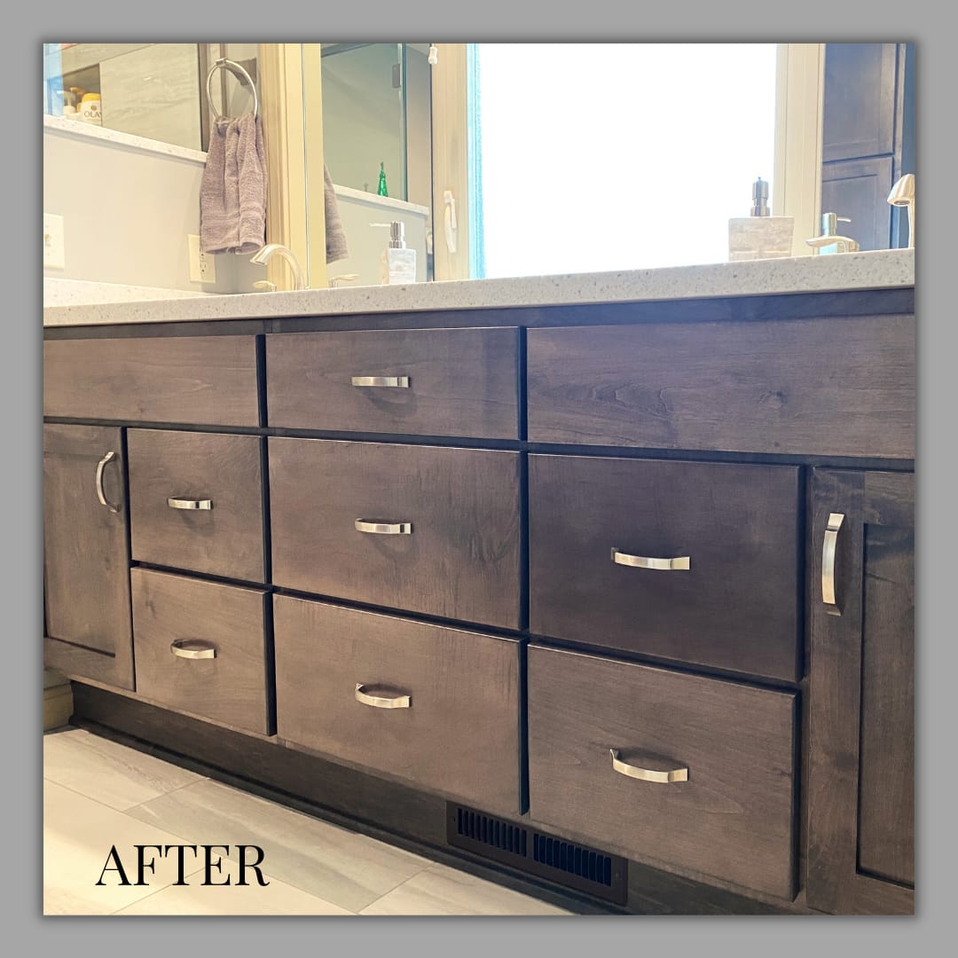 Grey-stained shaker vanity with quartz counter, chrome bar pulls, and tile flooring