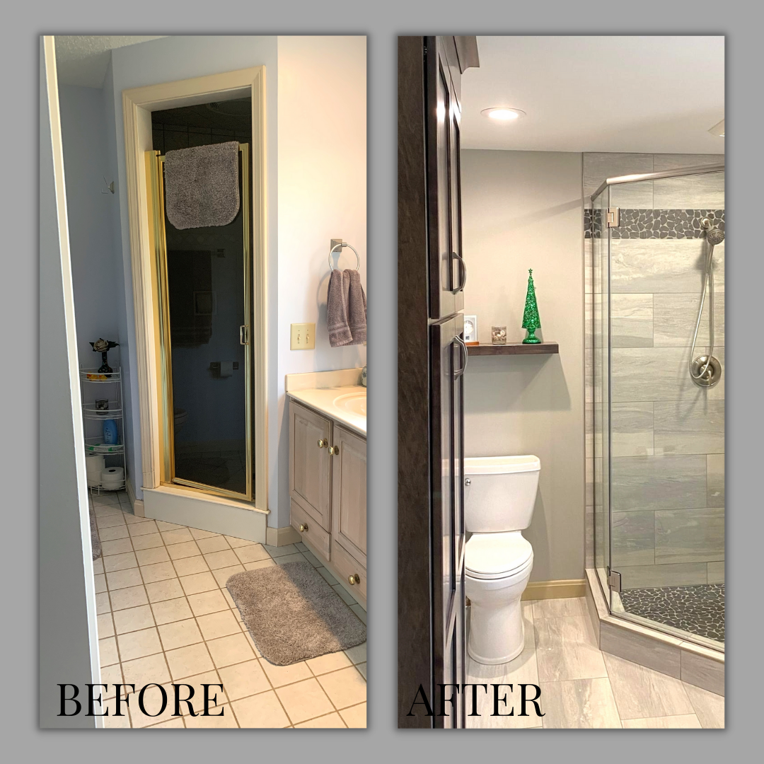 Neo-angle glass shower with grey plank tile, pebble accent border, floating wood shelf, and grey plank tile flooring