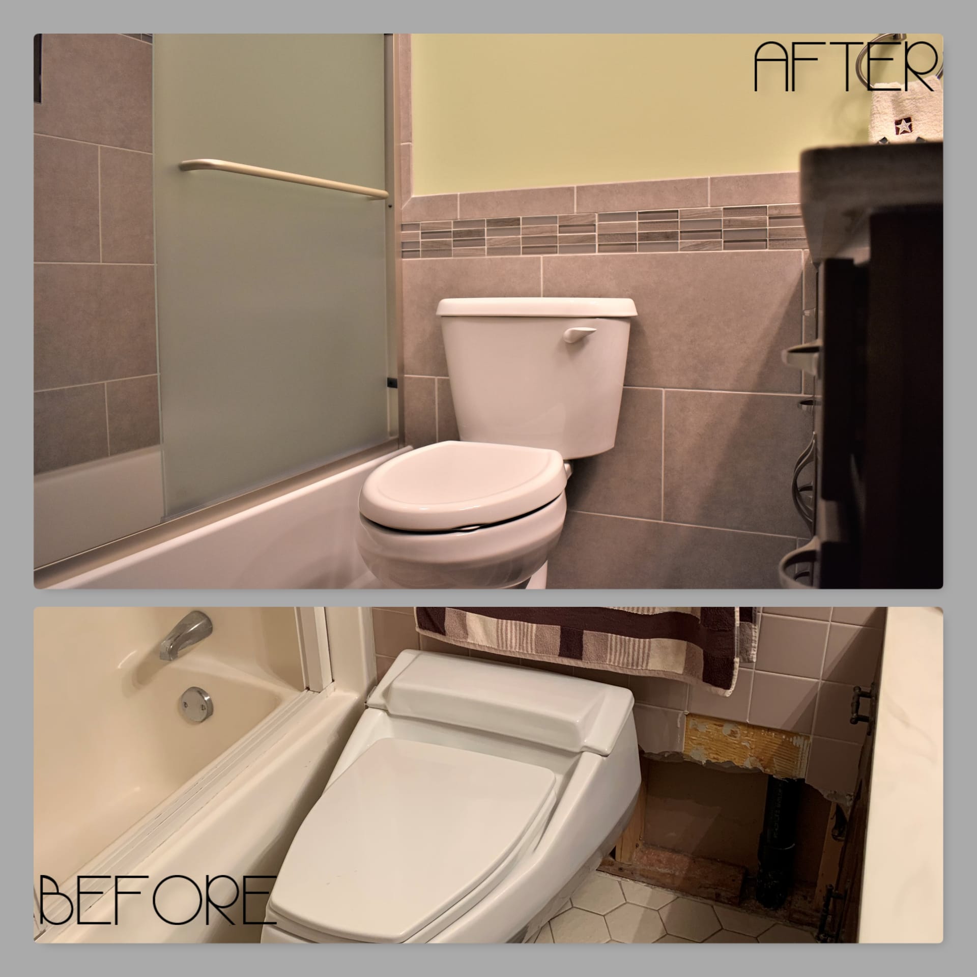 Bathroom with grey tile tub surround, linear glass mosaic accent band, frosted glass door, and tile wainscot