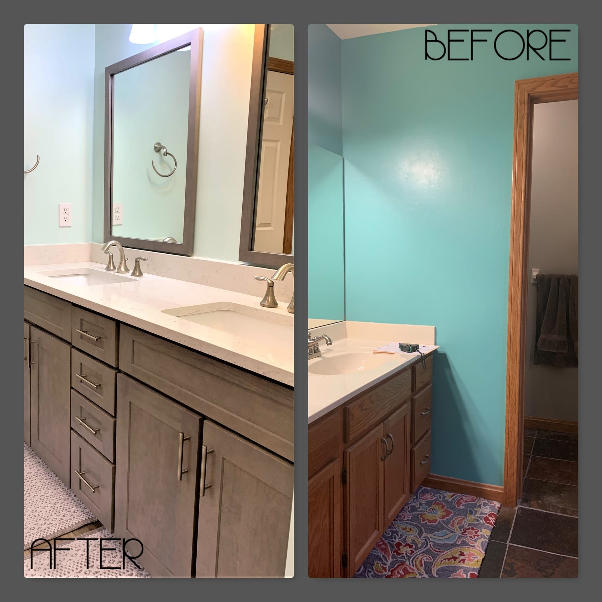 Bathroom double vanity with grey-stained shaker cabinets, white quartz counter, framed mirror, and brushed-nickel faucets