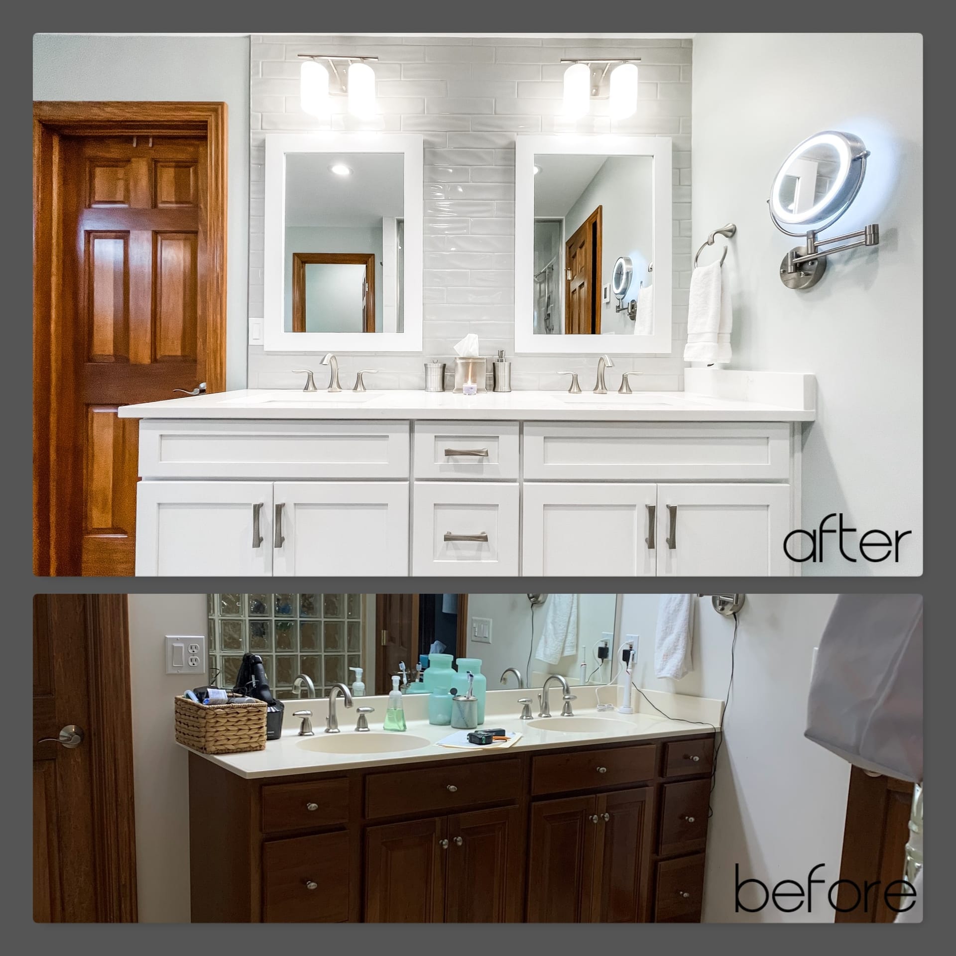 Bathroom double vanity with white shaker cabinets, white quartz counter, framed mirrors, and brushed-nickel faucets