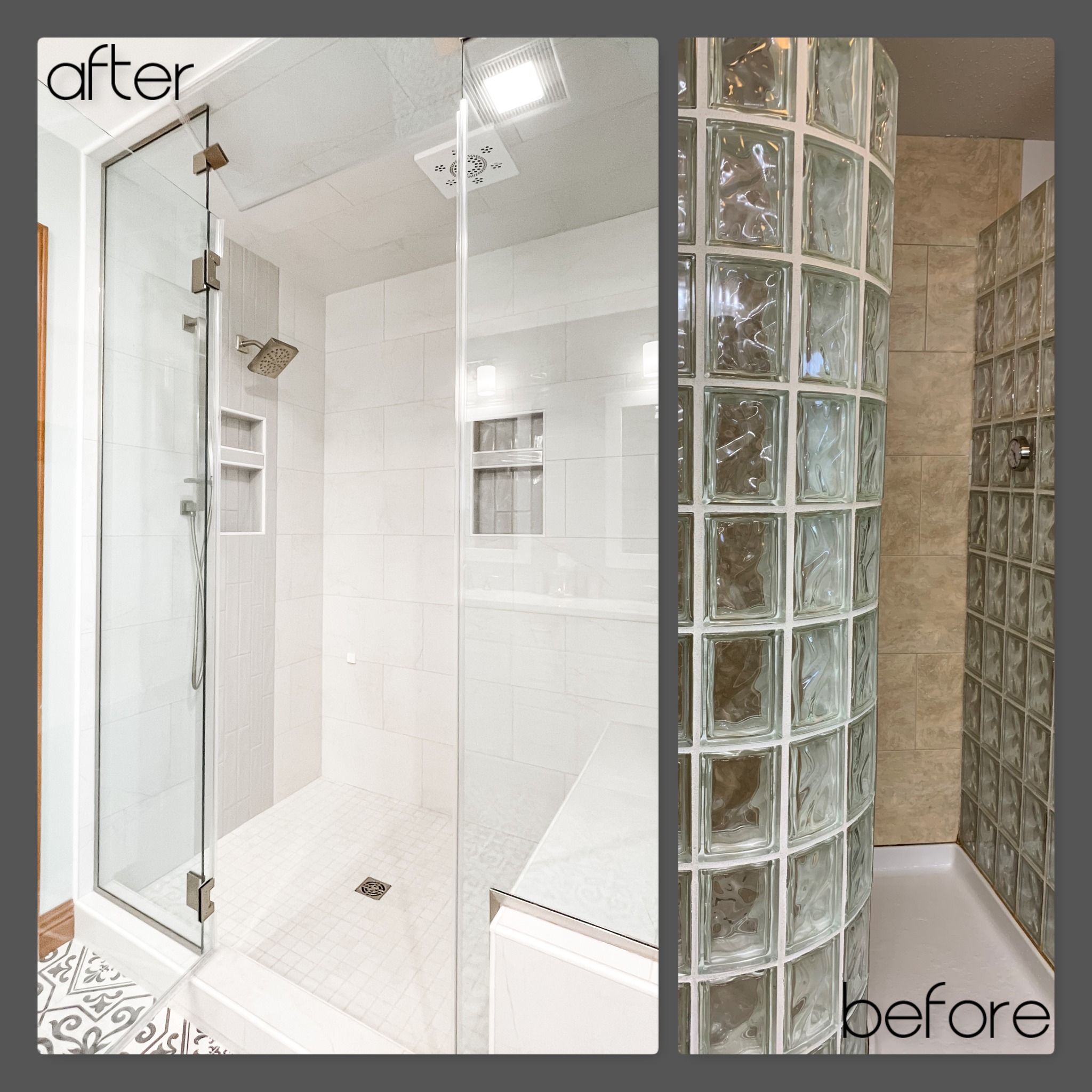 Enclosed glass shower with marble-look tile, ceiling rain head, recessed niches, bench, and cement tile floor, Erie County