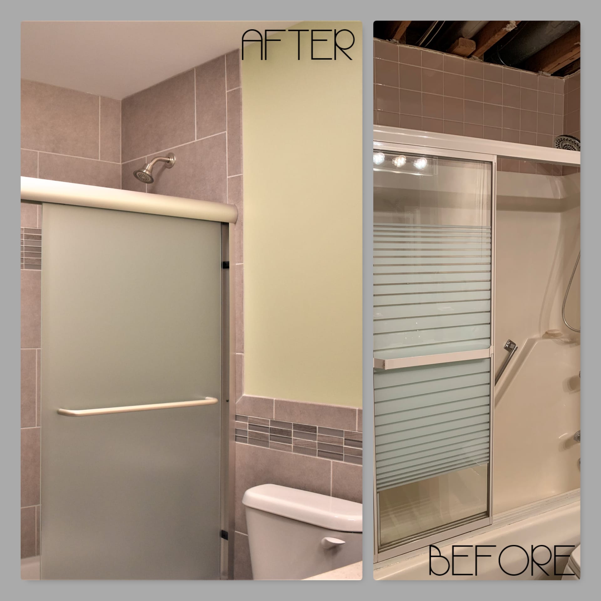 Bathroom with grey tile shower, frosted sliding glass door, and linear glass mosaic accent band, Erie PA