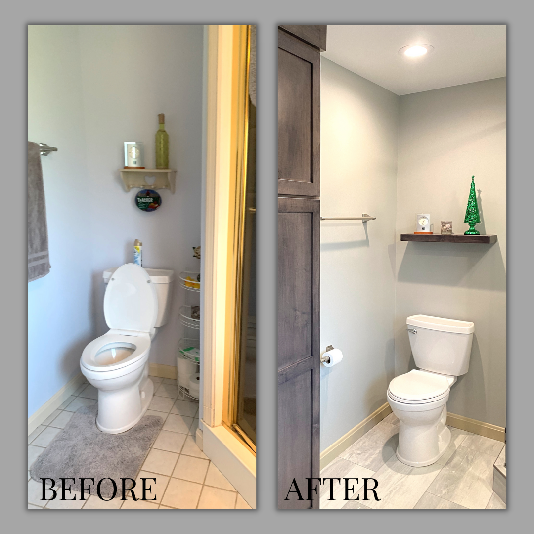 Toilet alcove with dark grey-stained linen cabinet, floating wood shelf, light grey walls, and grey plank tile flooring