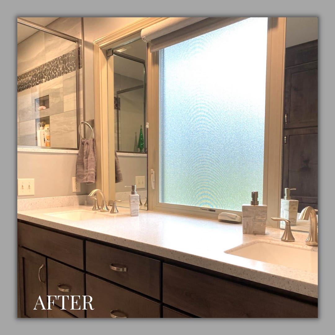 Bathroom double vanity with grey-stained shaker cabinets, white quartz counter, brushed-nickel faucets, framed mirrors, Erie County
