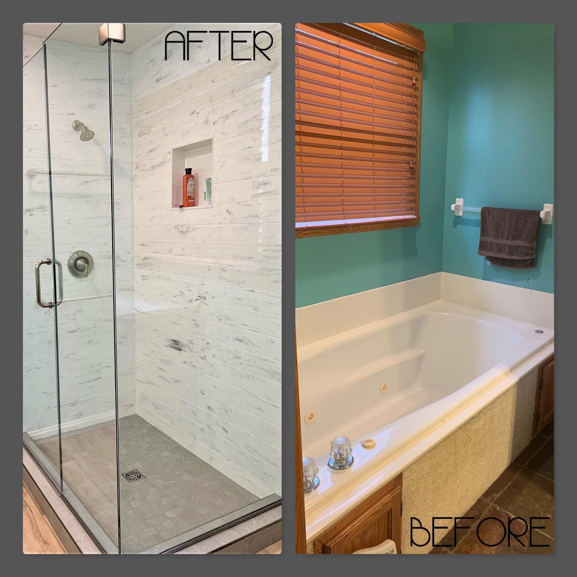 Glass walk-in tile shower with white marble-look wood-grain tile, recessed niche, and brushed-nickel fixtures, Erie PA