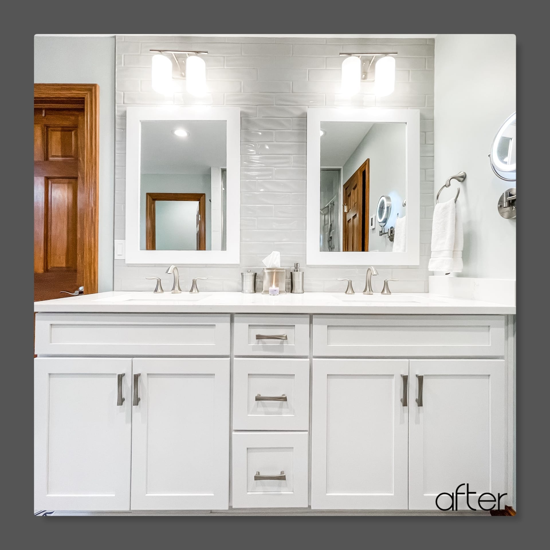 Bathroom double vanity with white shaker cabinets, white quartz counter, subway tile backsplash, framed mirrors, Erie County