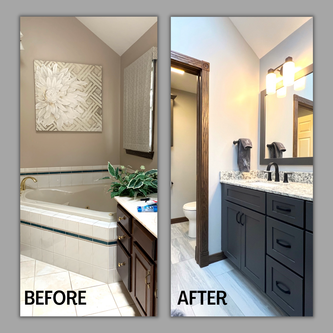 Bathroom vanity with charcoal-grey shaker cabinets, speckled granite top, matte black faucet, framed mirror, and plank tile flooring
