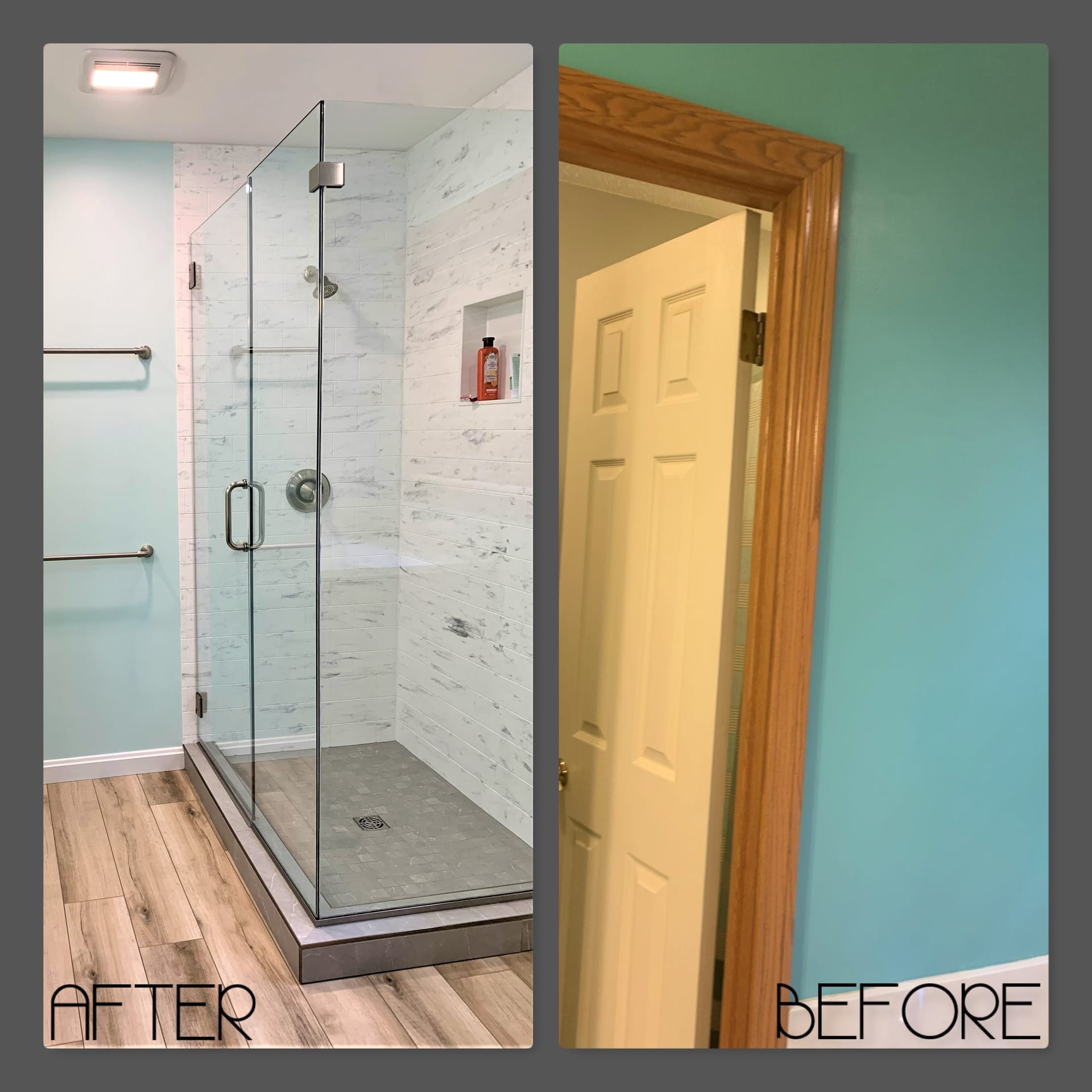 Glass walk-in tile shower with white marble-look tile, recessed niche, brushed-nickel fixtures, wood-look plank flooring, Erie PA