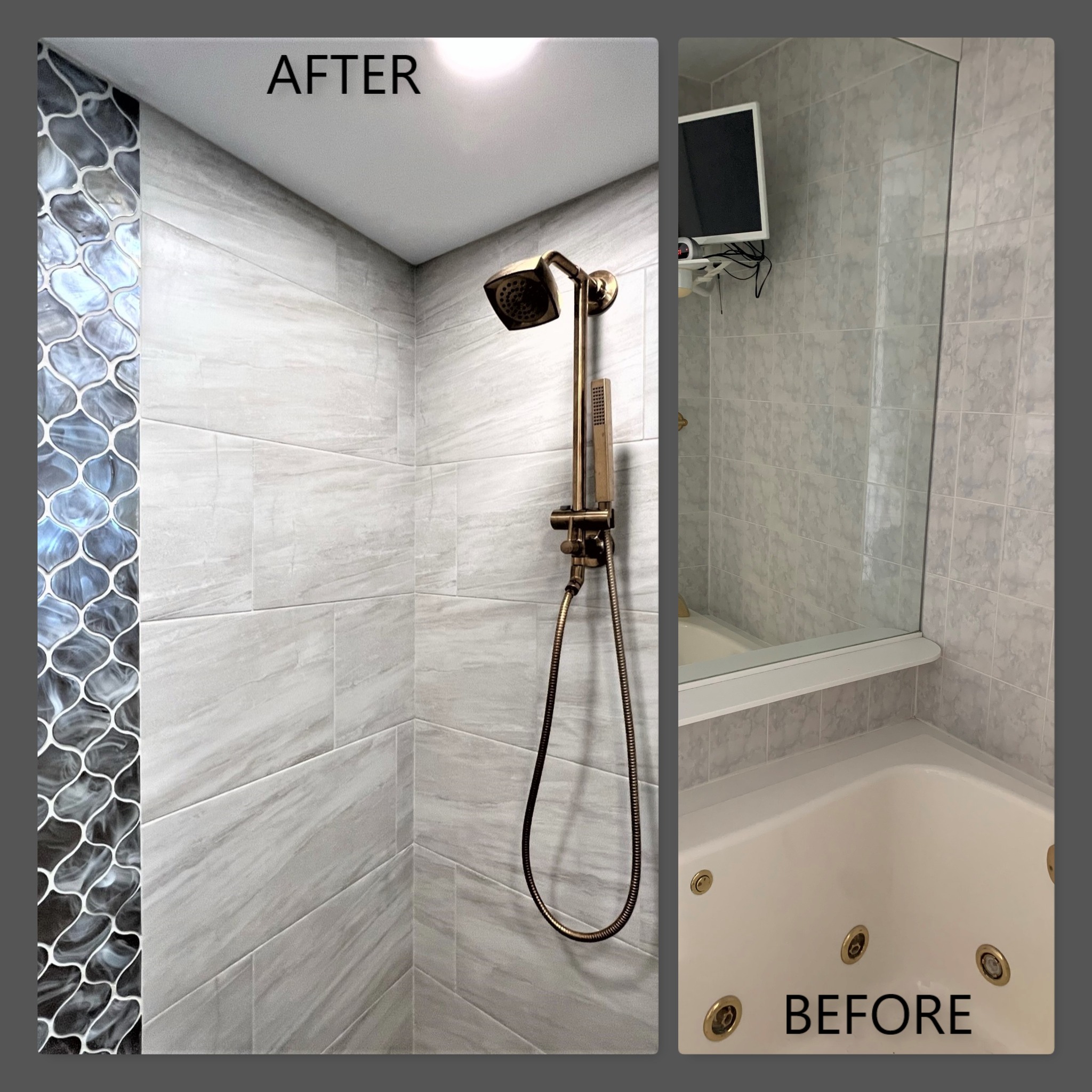 Marble-look tile shower with iridescent arabesque glass accent strip and brushed gold rain shower system