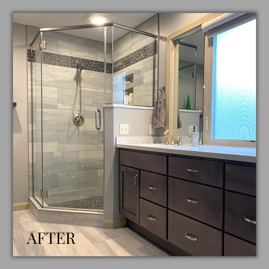 Neo-angle glass shower with grey plank tile, pebble accent stripe, dark stained vanity, and speckled quartz top, Edinboro