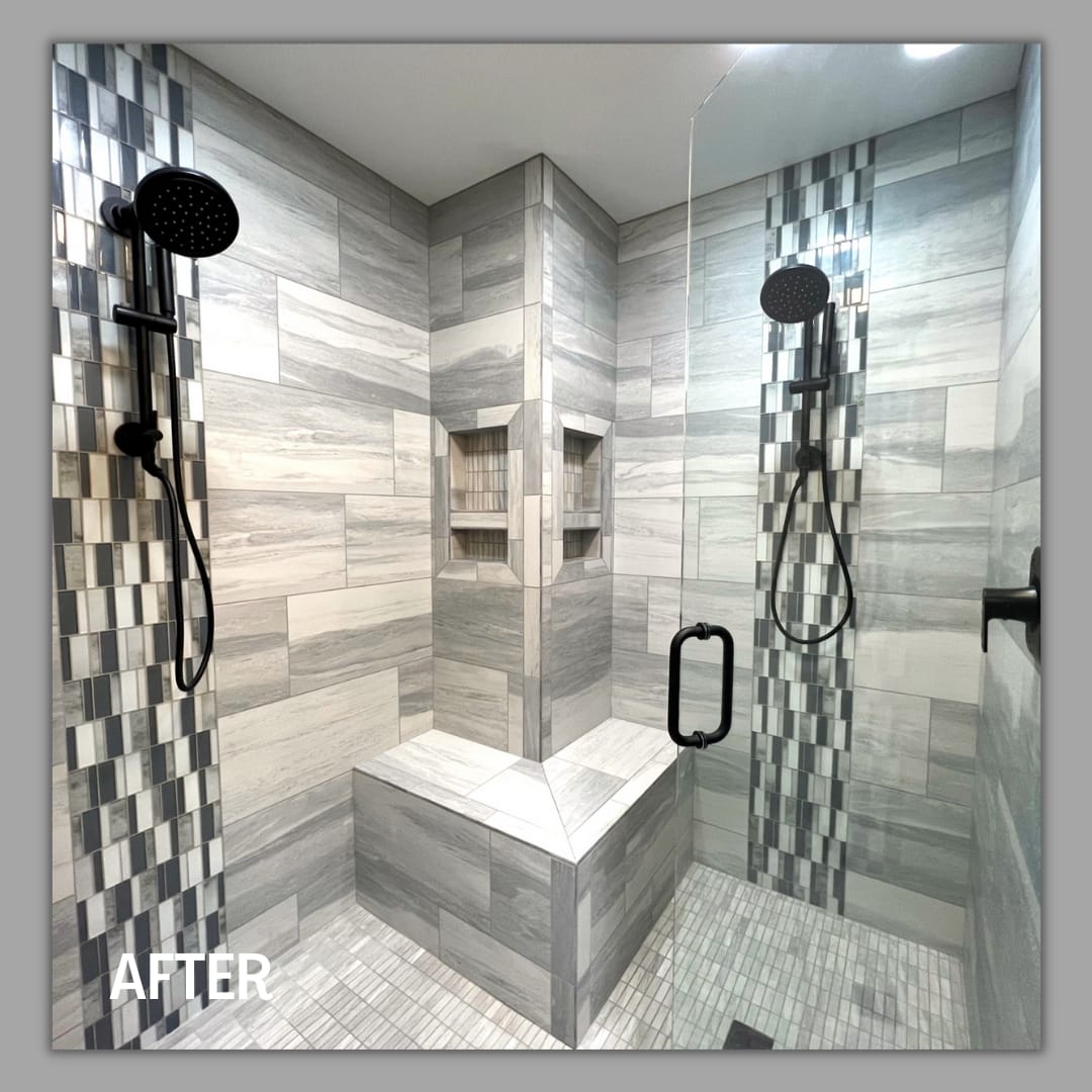 Glass tile shower with grey wood-look tile, brick mosaic accent columns, dual matte-black showers, tile bench, Erie County
