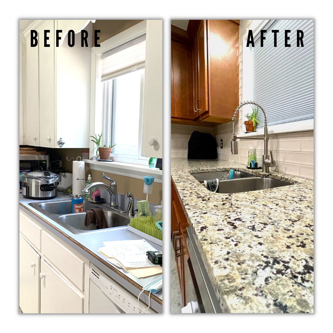 Warm-brown stained kitchen with speckled granite counters, white subway tile backsplash, undermount sink, and coil-spring faucet