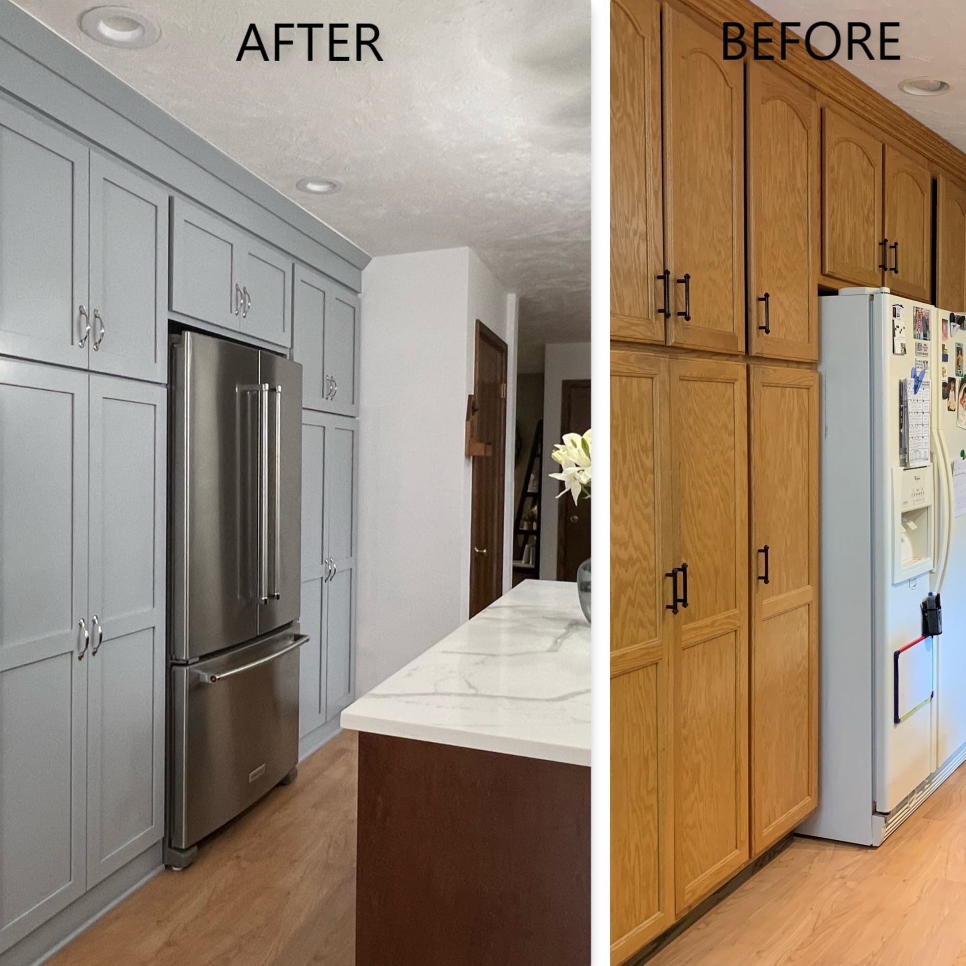 Light blue-grey shaker pantry wall with stainless refrigerator, dark stained island, white quartz counters, and hardwood flooring