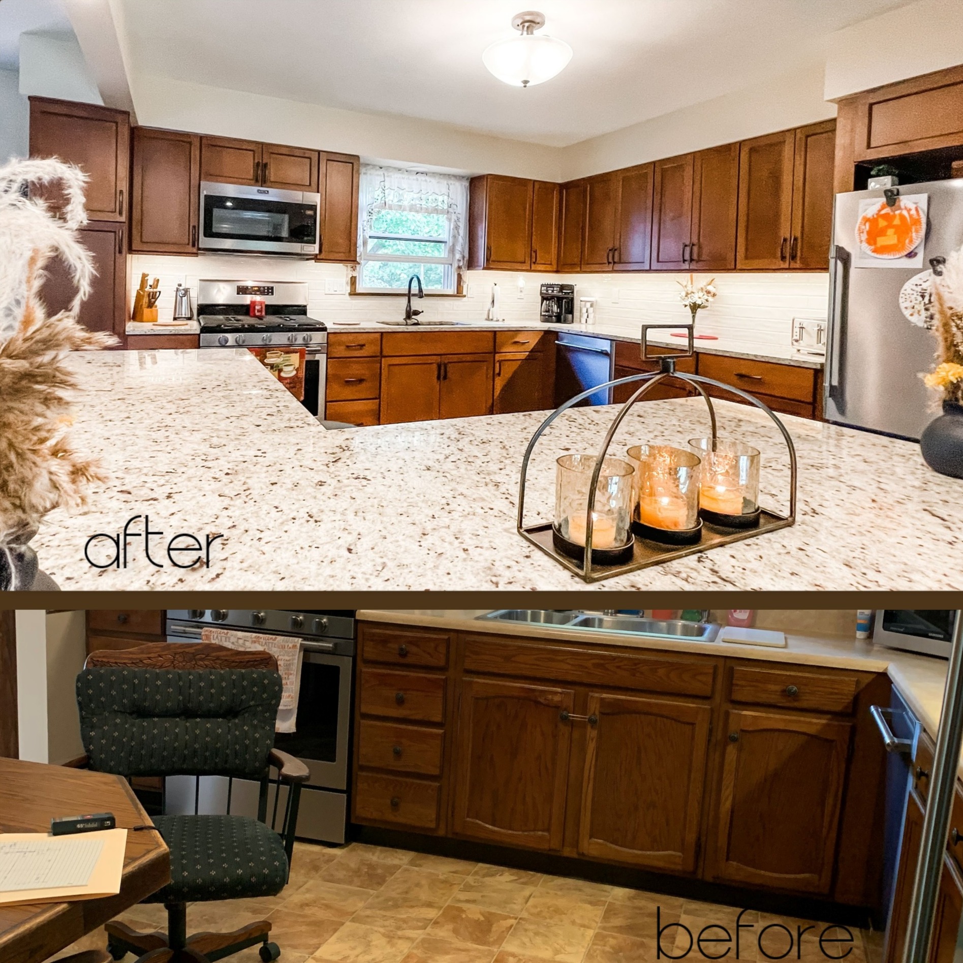 Medium-brown stained kitchen with speckled granite counters, subway tile backsplash, stainless appliances, and black gooseneck faucet, Erie County