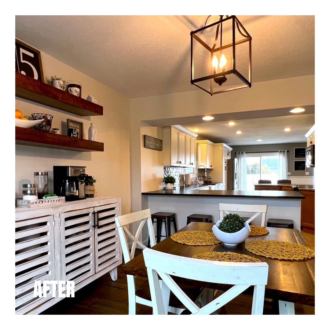 Dining area with lantern pendant, white sideboard, floating wood shelves, and X-back chairs, open to kitchen