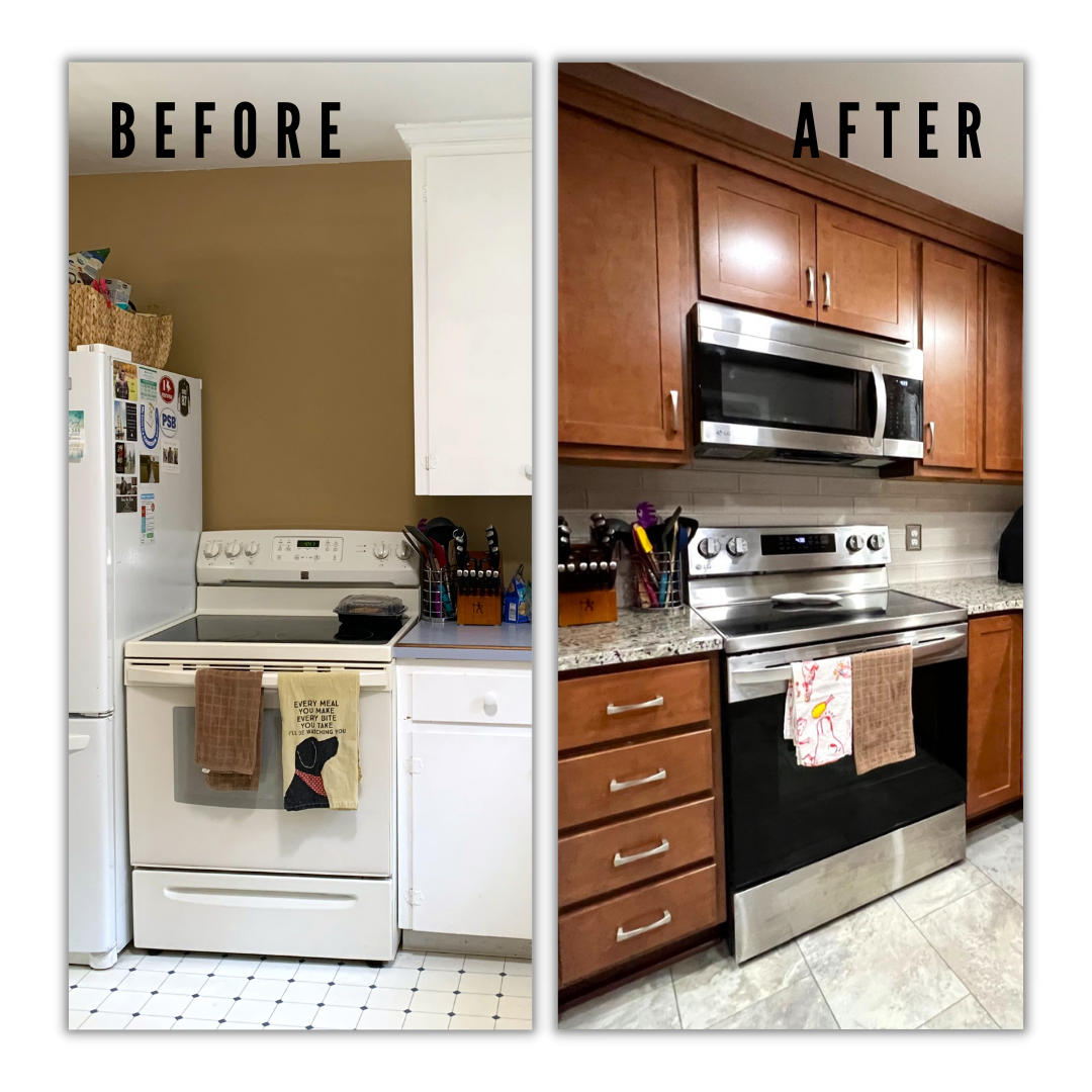 Warm-brown stained shaker kitchen with speckled granite counters, subway tile backsplash, stainless range, and tile flooring, Erie PA