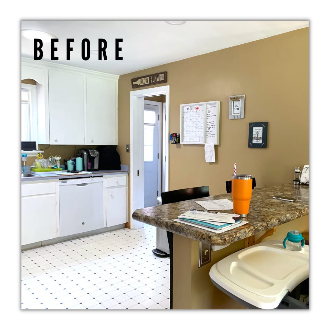 White flat-panel kitchen with laminate peninsula counter, white appliances, and patterned vinyl tile flooring, Erie PA