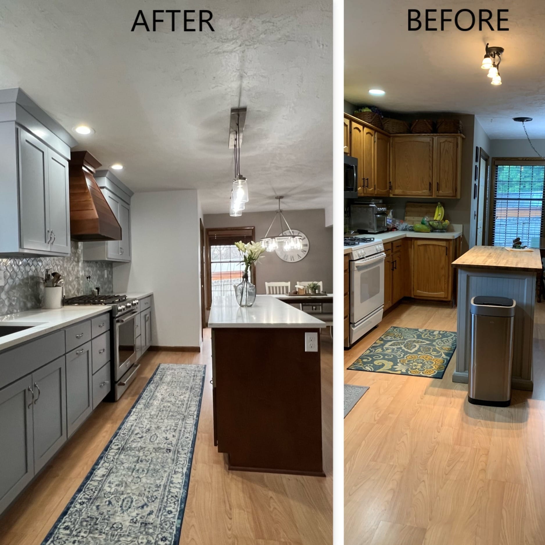 Grey shaker kitchen with wood range hood, silver mosaic backsplash, white quartz peninsula, and glass pendant lighting