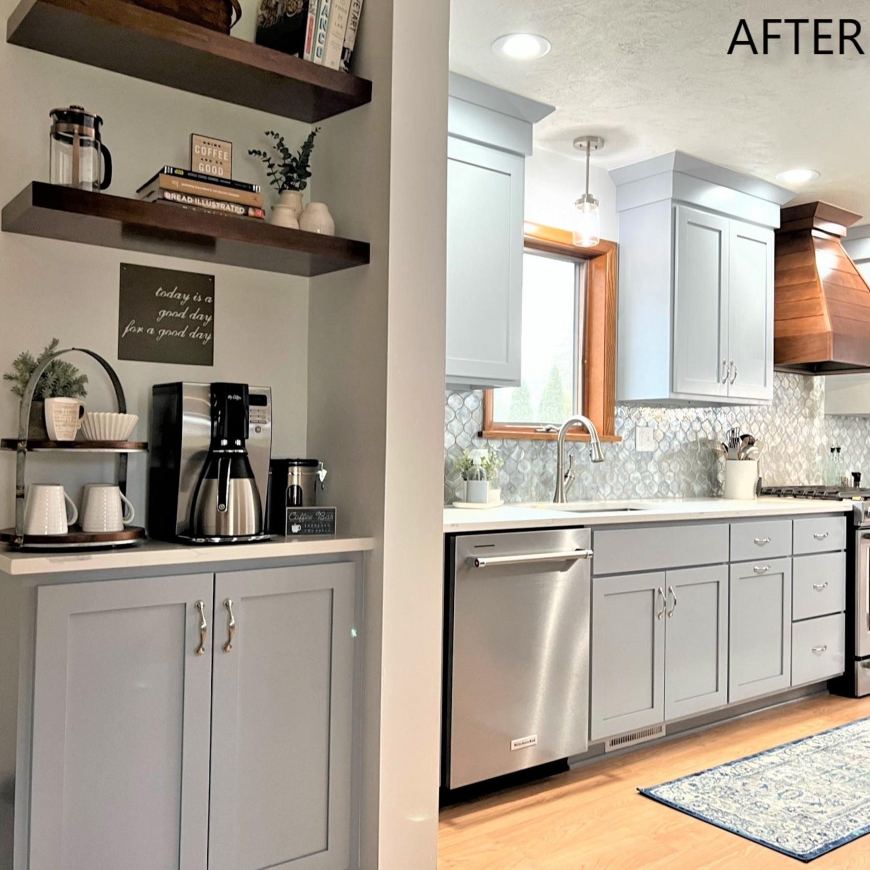 Light blue-grey shaker kitchen with white quartz counters, coffee bar nook, floating shelves, and lantern glass tile backsplash