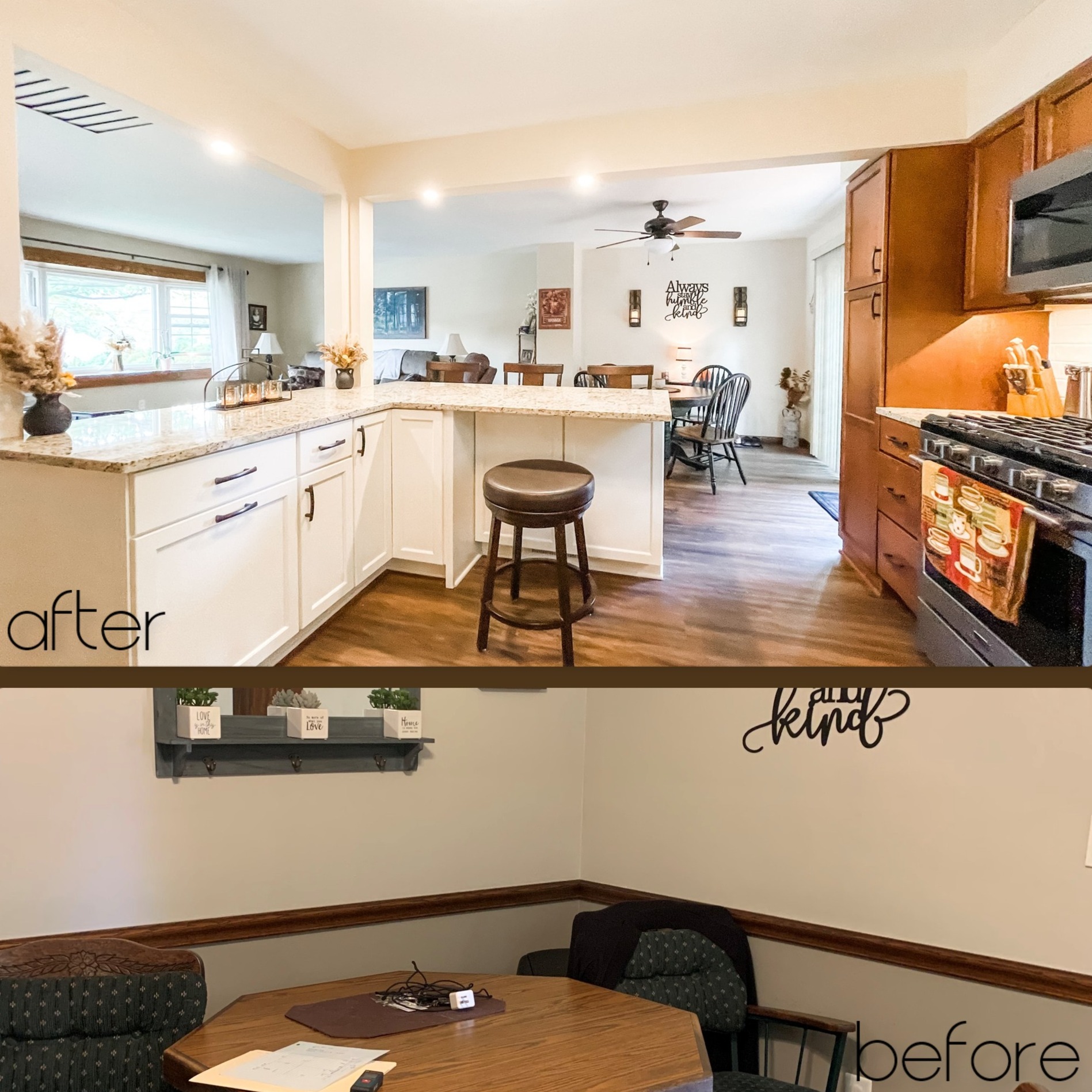 Two-tone kitchen with white peninsula cabinets, brown stained cabinets, speckled granite counters, and wood-look plank flooring