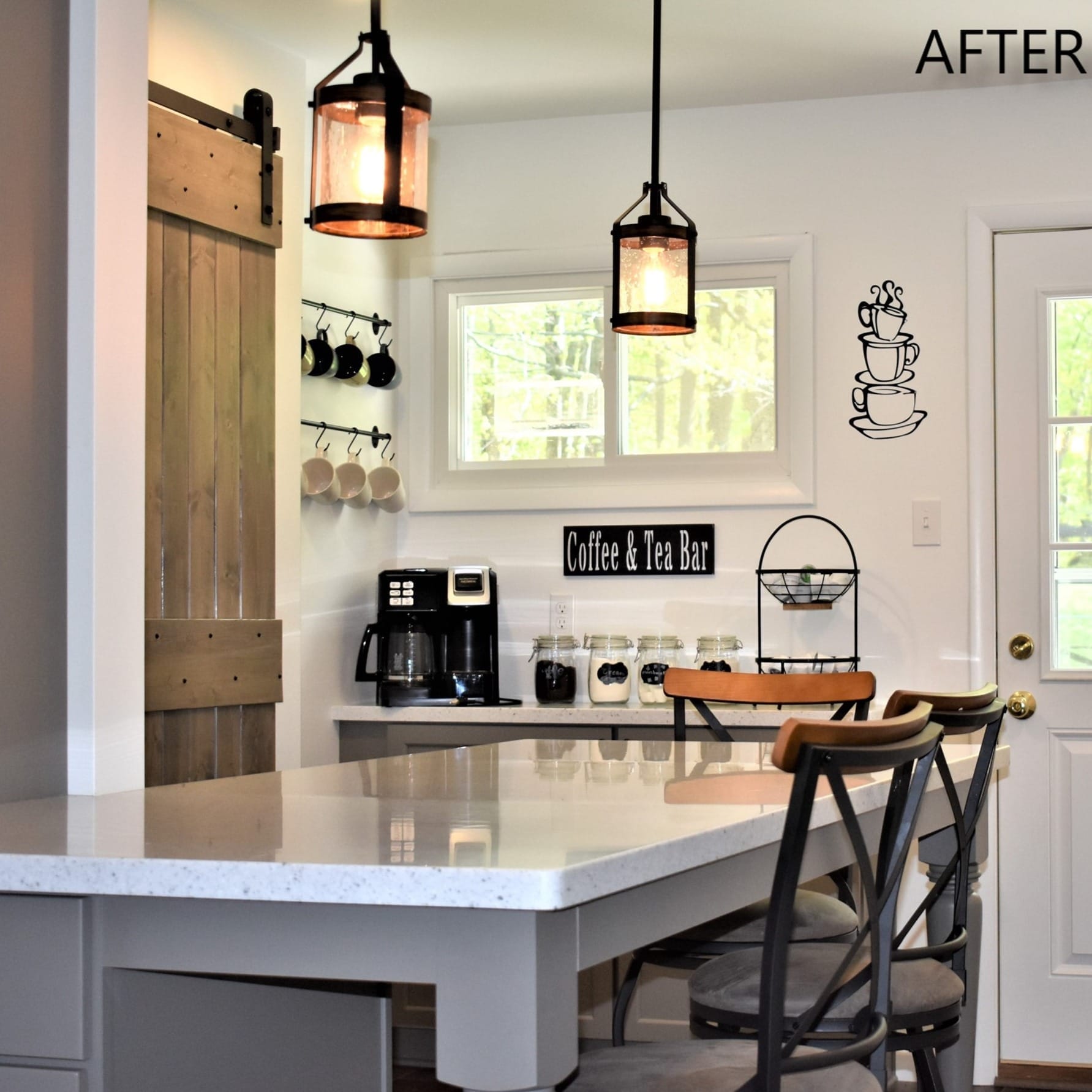 White kitchen with sliding barn door, coffee-bar nook, lantern pendants, white quartz peninsula, and X-back stools, Edinboro