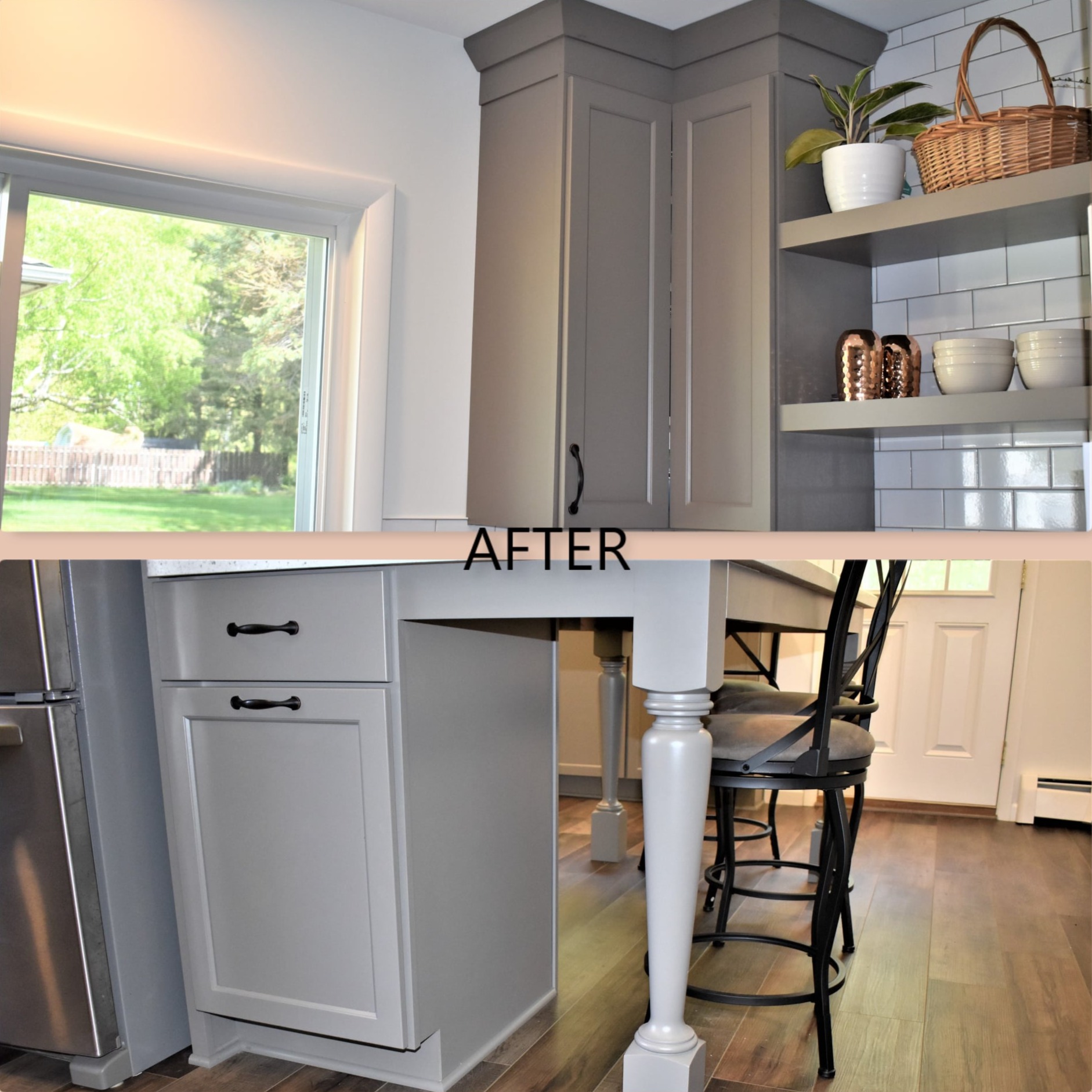 Warm-grey painted shaker kitchen with white subway tile, corner shelving, decorative island leg, and plank flooring, Erie PA
