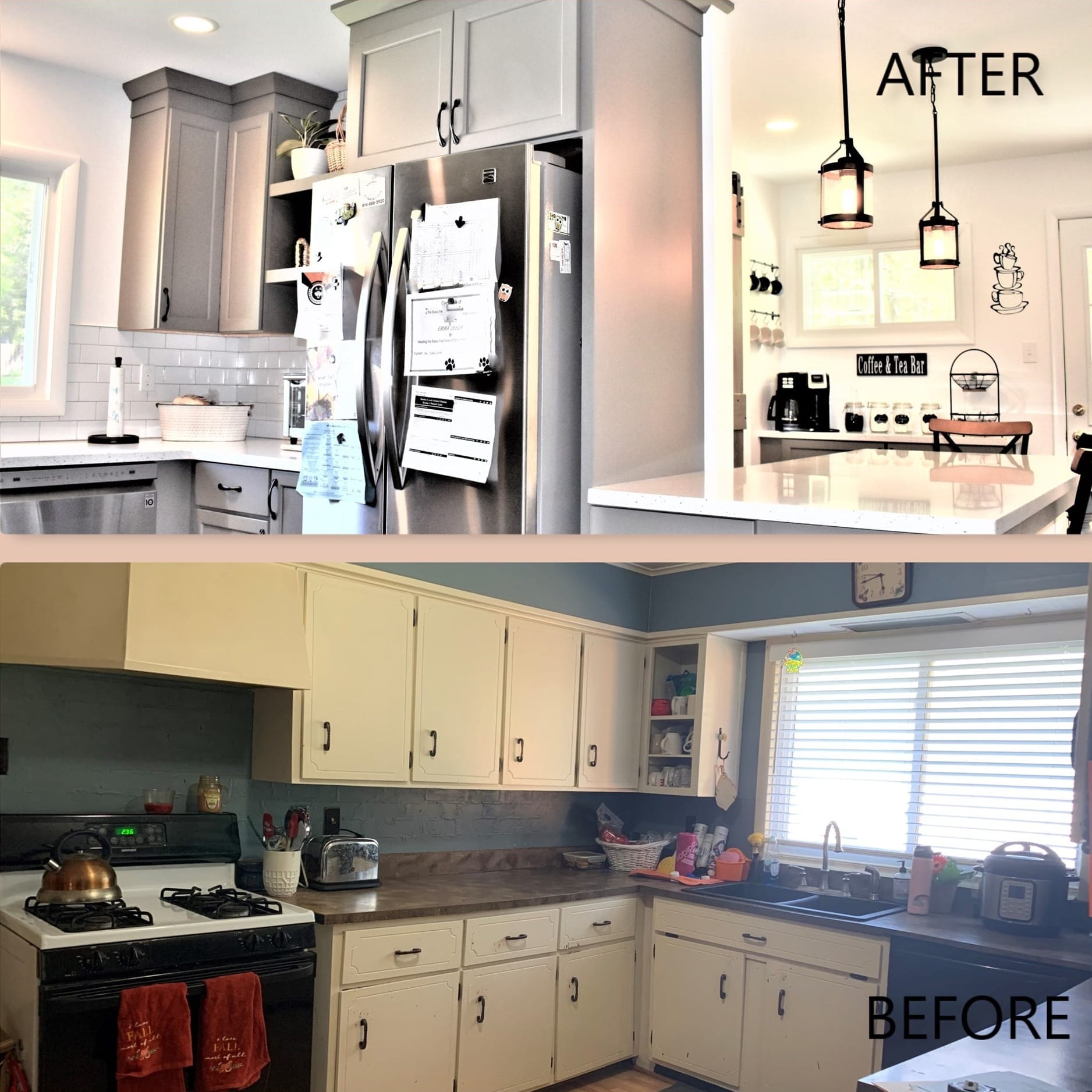 Grey shaker kitchen with white subway tile, coffee-and-tea bar station, lantern pendants, and white quartz peninsula, Erie PA