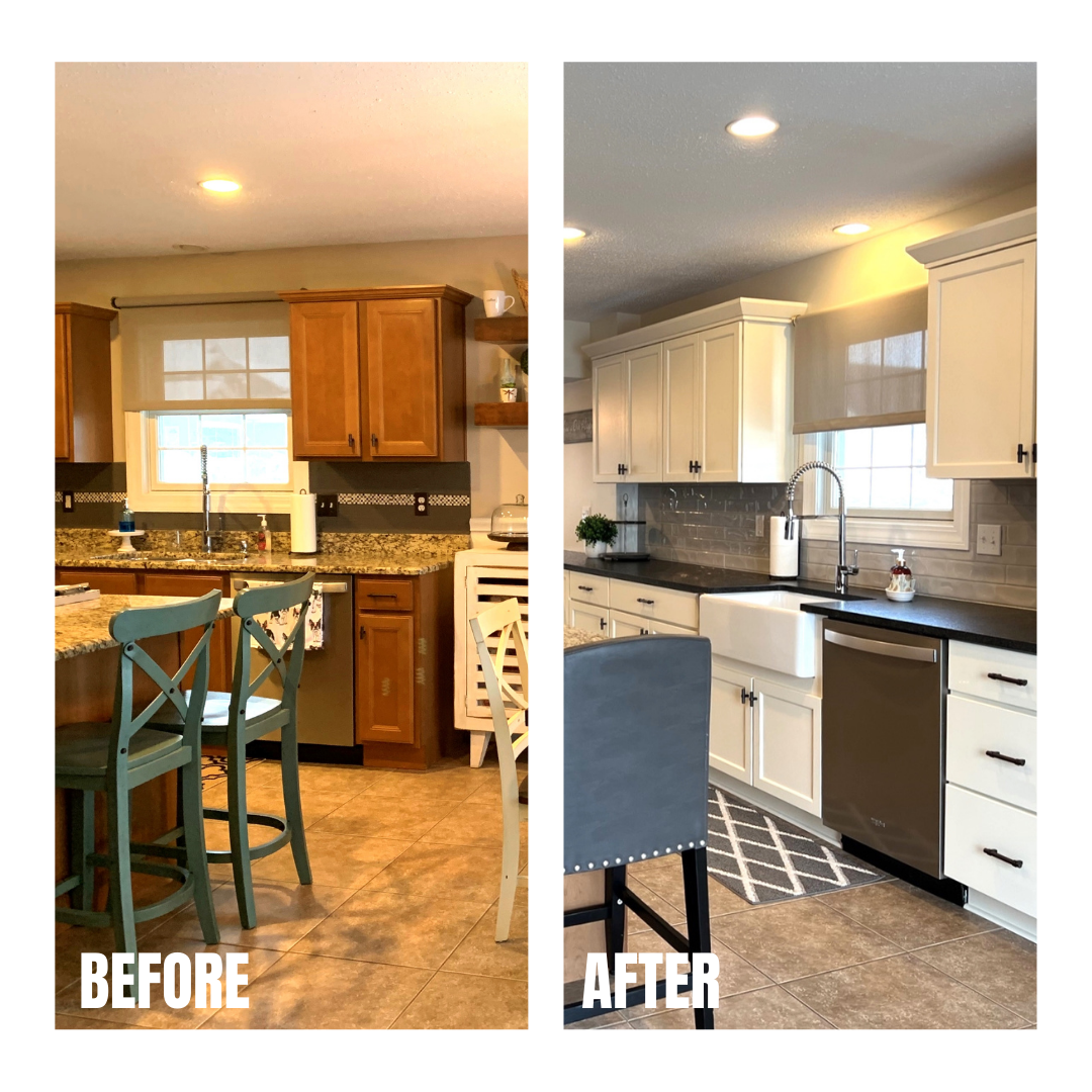 White shaker kitchen with dark counters, grey subway tile backsplash, apron farmhouse sink, and tan tile flooring