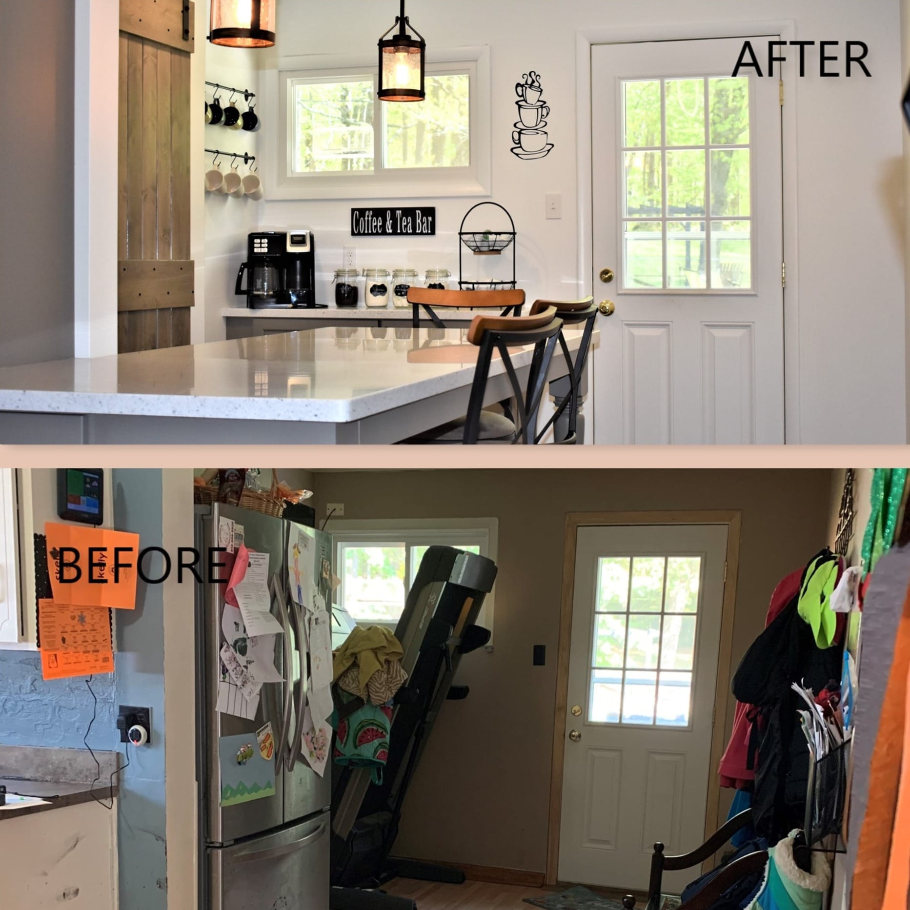 White kitchen with sliding barn door, coffee-and-tea bar station, lantern pendants, and white quartz peninsula, Edinboro
